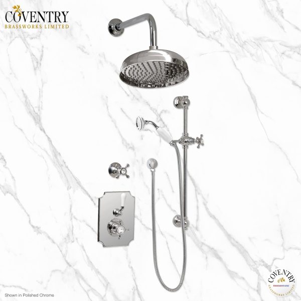 Coventry Brassworks Concealed Thermostatic System with 12  Shower Head, 24  Slide Bar, and Standard Hand Shower with Shut-Off with Cross Handle For Sale