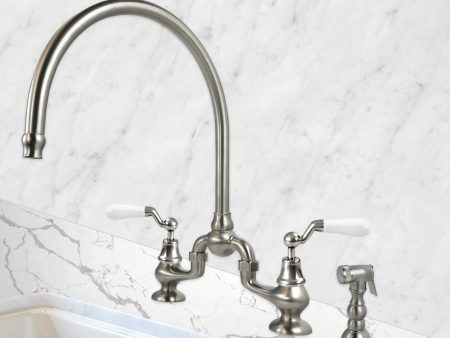 Coventry Brassworks Sancerre Bridge Kitchen Faucet with High Arc Swivel Spout and Side Sprayer and Offset Ceramic Handles Discount