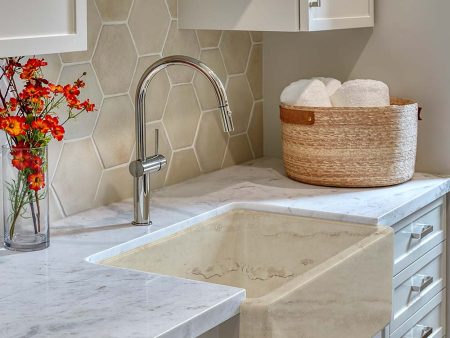 Italian Handmade Ceramic Farmhouse Sink in Travertine Appearance Sale