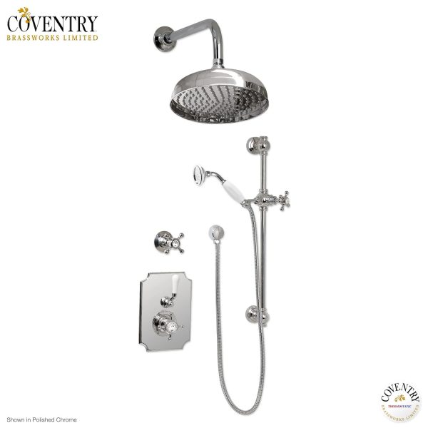 Coventry Brassworks Concealed Thermostatic System with 12  Shower Head, 24  Slide Bar, and Standard Hand Shower with Shut-Off with Cross Handle For Sale