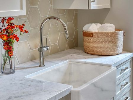 Italian Handmade Ceramic Farmhouse Sink in Carrera Marble Appearance Online Hot Sale