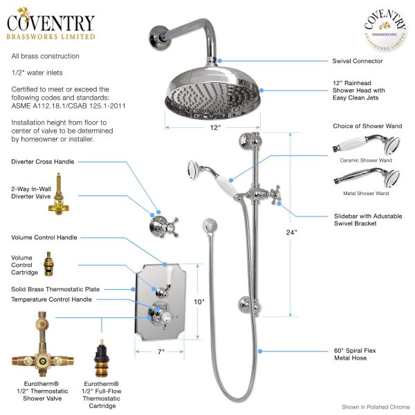 Coventry Brassworks Concealed Thermostatic System with 12  Shower Head, 24  Slide Bar, and Standard Hand Shower with Shut-Off with Cross Handle For Sale