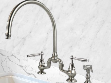 Coventry Brassworks Sancerre Bridge Kitchen Faucet with High Arc Swivel Spout and Side Sprayer and Finial Lever Handles Online