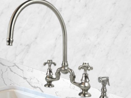 Coventry Brassworks Sancerre Bridge Kitchen Faucet with High Arc Swivel Spout and Side Sprayer and Drop Cross Handles For Cheap